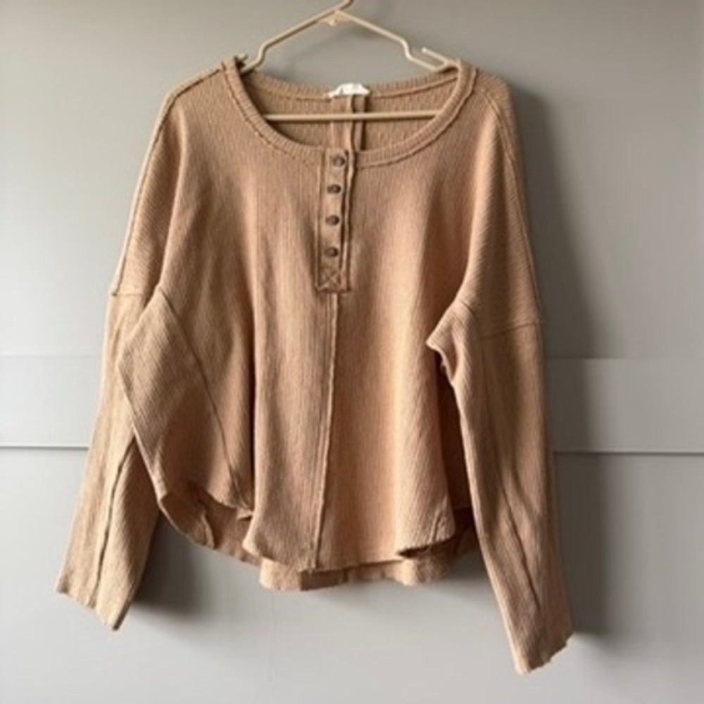 New In Henley Top Womens S Tan Waffle Knit Oversized Long Sleeve Thermal